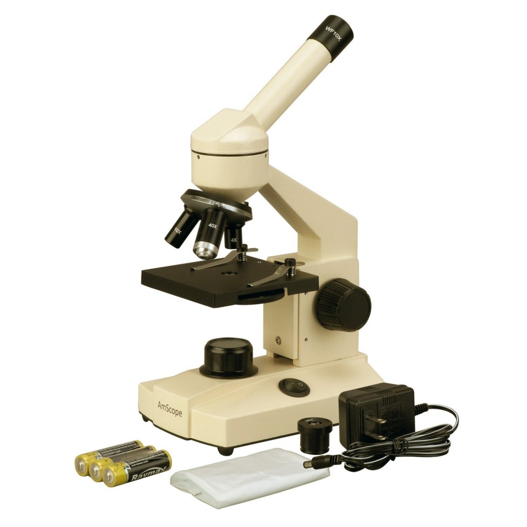 AmScope M100C-LED Compound Monocular Microscope, WF10x and WF25x Eyepieces, 40x-1000x Magnification, LED Illumination, Brightfield, Plain Stage