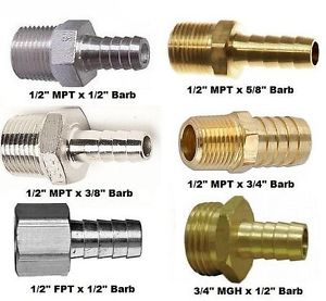 Male/Female Pipe Thread Hose Barb Adapters Various Sizes - Brass/Stainless Steel