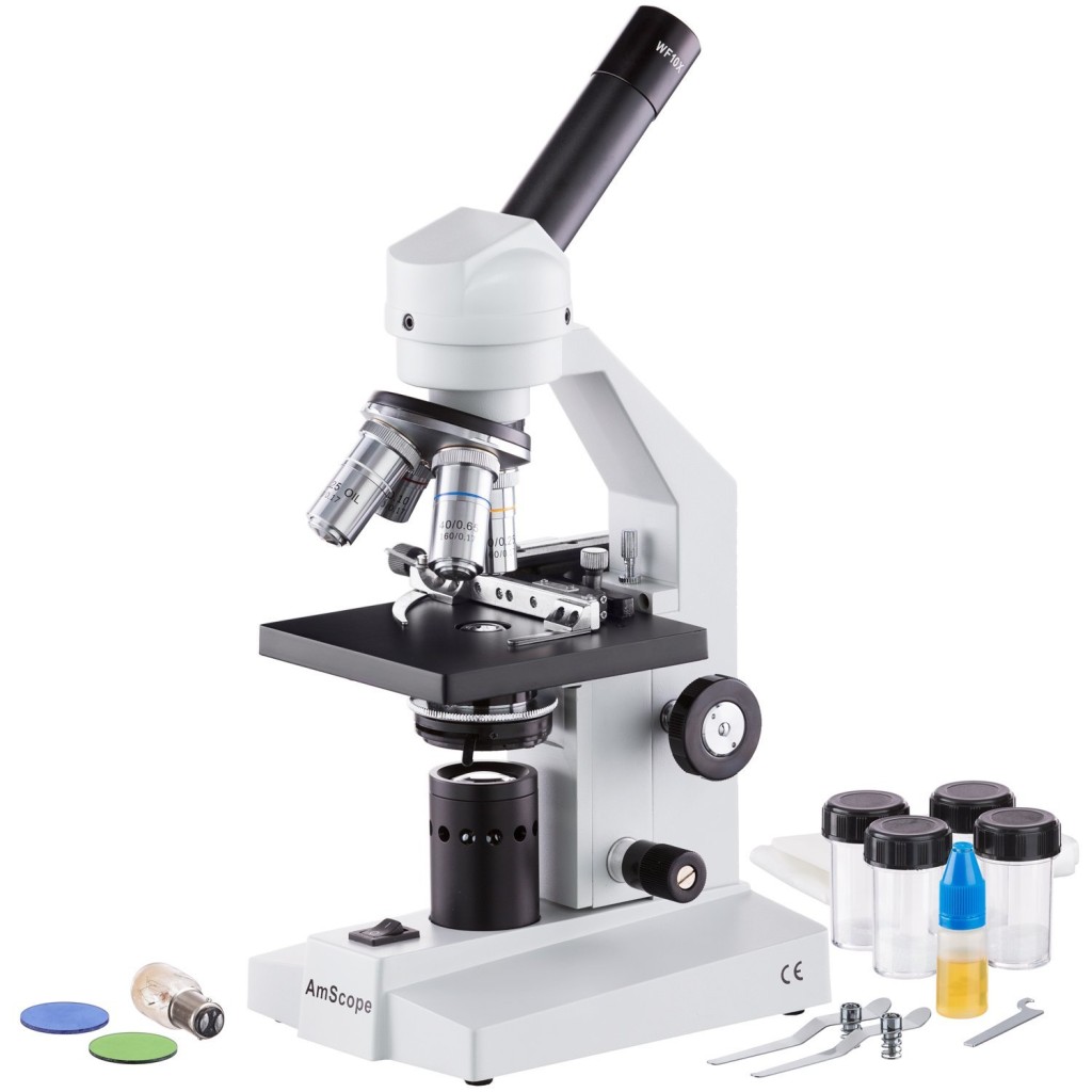 AmScope M500-MS Monocular Compound Microscope, WF10x Eyepiece, 40x-1000x Magnification, Anti-Mold Optics, Tungsten Illumination, Brightfield, Abbe Condenser, Coarse and Fine Focus, Plain Stage with Mechanical Specimen Holder, 110V