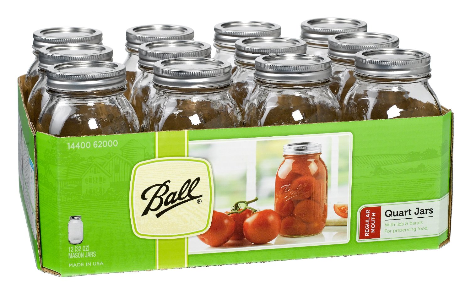 Ball Regular Mouth Quart Jars with Lids and Bands, Set of 12