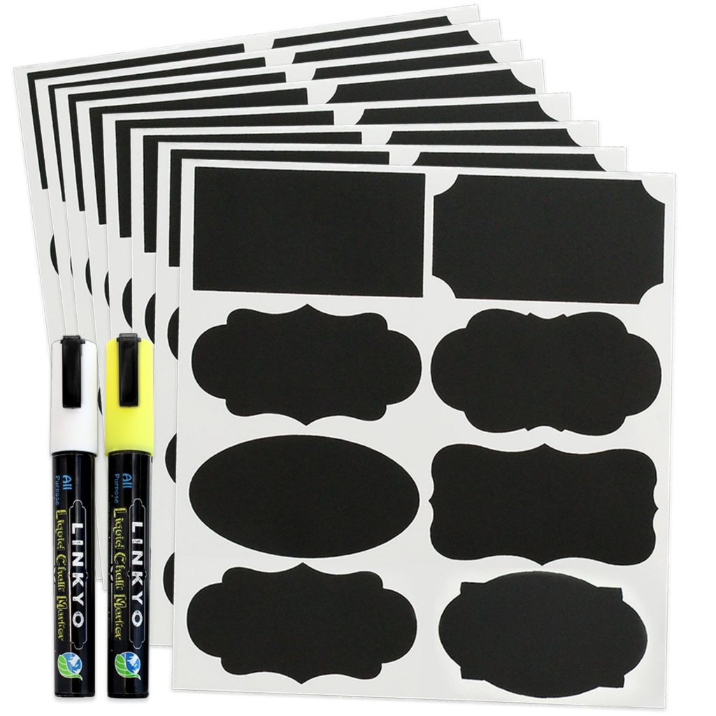 64-Pack LINKYO Removable Chalkboard Labels with 2 Erasable Chalk Markers (Yellow & White) - Large, Perfect for Jars and Canisters