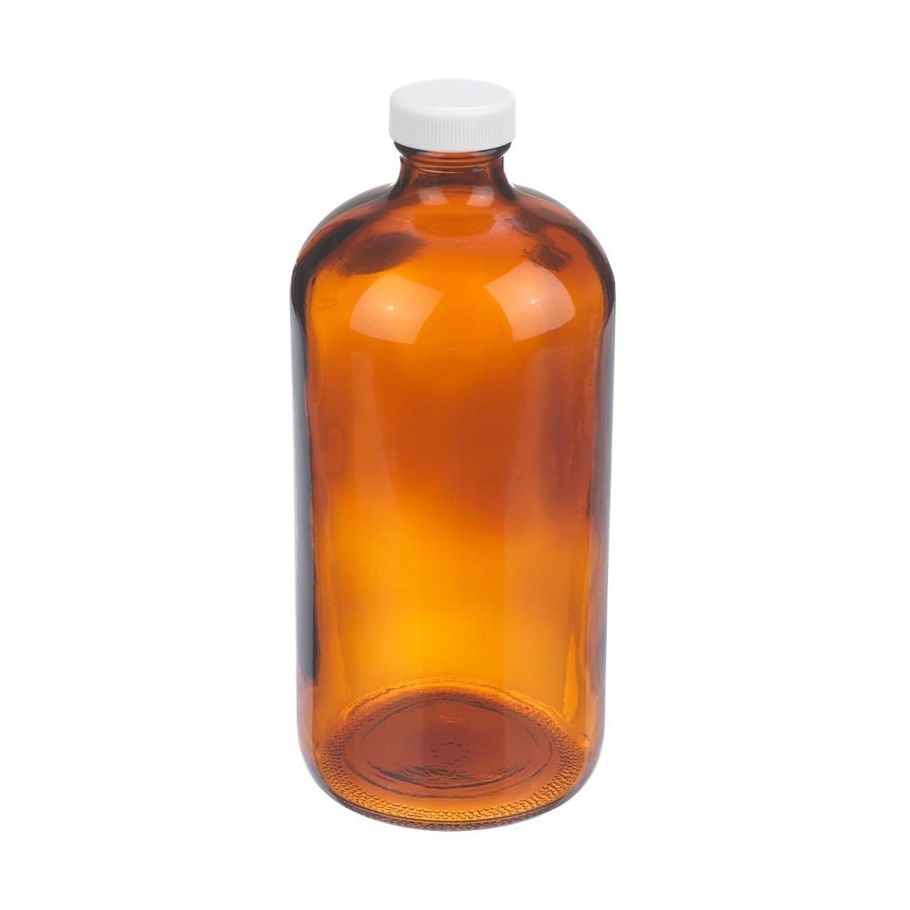 Wheaton W216847 Boston Round Bottle, Amber Glass, Capacity 32oz With 33-400 White Polypropylene PTFE Faced Foamed Polyethylene Lined Screw Cap, Diameter 94mm x 206mm (Case Of 12)
