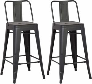 AC Pacific Modern Light Weight Industrial Metal Bucket Back Barstool, 30" Seat Height Counter Stool (Set of 2), Matte Black Finish