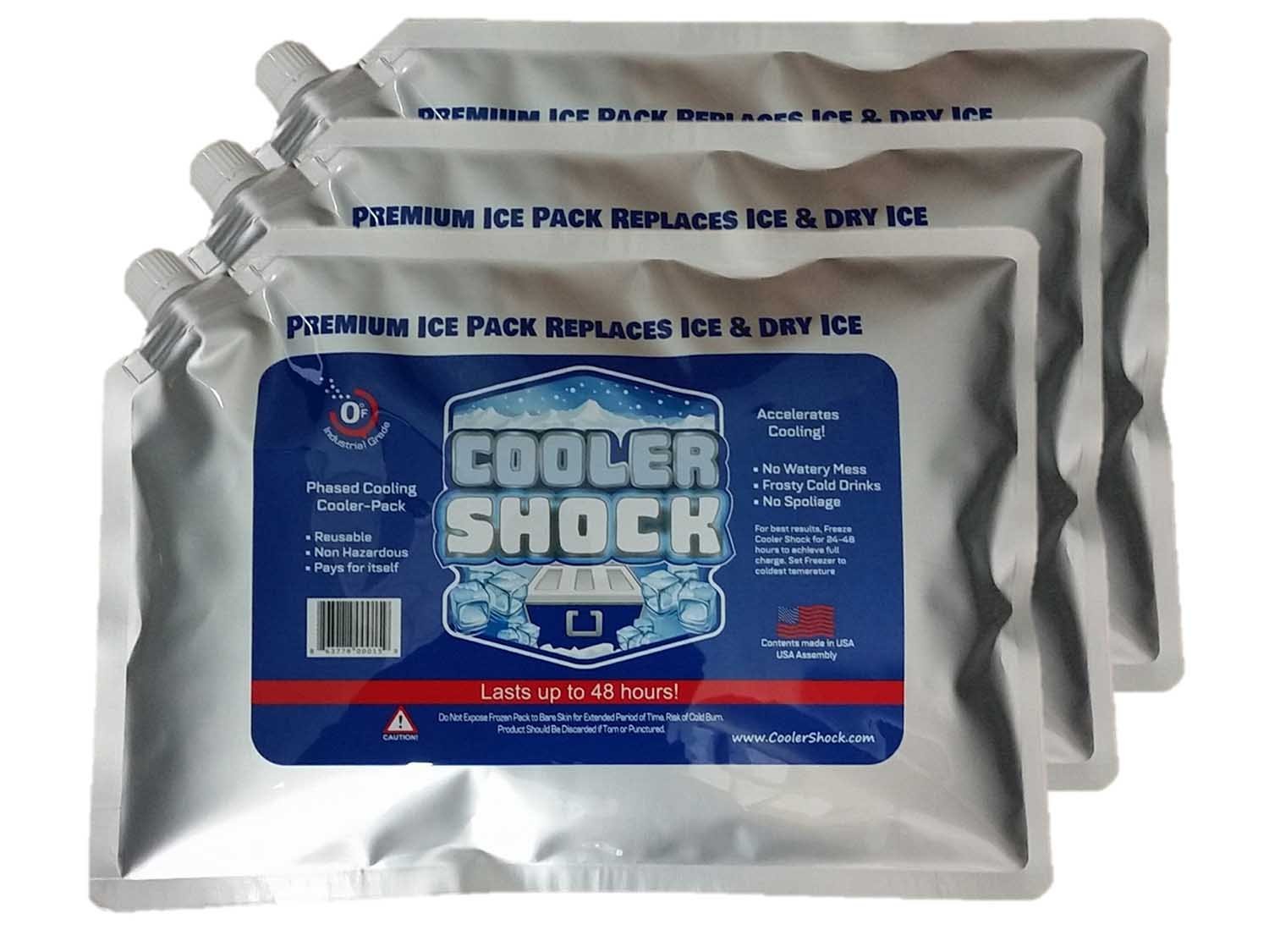 3X Lg. Zero°F Cooler Freeze Packs 10"x14" - No More Ice! Cooler Shock Replaces Ice & is Reusable - You Add Water and Save! - 12 pounds total - Camping, Fishing, Picnics, Boating (13.5 Screw Cap)
