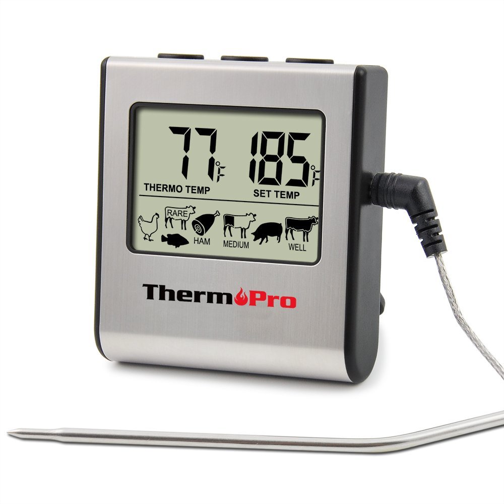 ThermoPro TP16 Large LCD Digital Cooking Kitchen Food Meat Thermometer for BBQ Oven Grill Smoker Built-in Clock Timer with Stainless Steel Probe