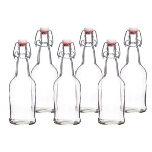6 Pack - 16 Ounce Grolsch Bottles with Easy Cap Flip Top Caps for Brewing Beer, Kombucha, Kefir, Water, Thick High-Grade Glass, Resealable, Clear, by California Home Goods