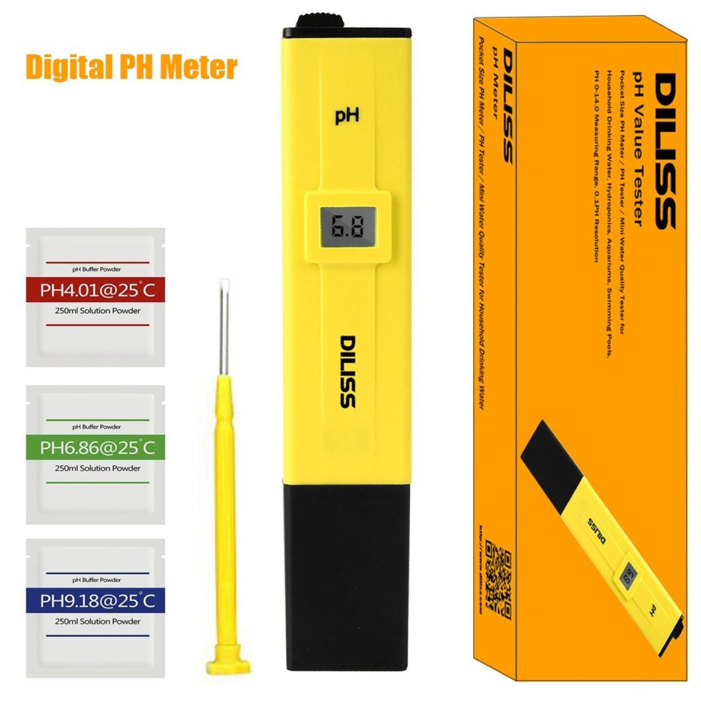 DILISS Digital PH Meter / PH Tester / Mini Water Quality Tester for Household Drinking Water, Hydroponics, Aquariums, Swimming Pools, 0.1PH Resolution - Extra PH Calibration Solution Mixture