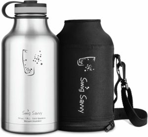 SWIG SAVVY Stainless Steel Water Bottle - Vacuum Insulated & Wide Mouth Design - Reusable Sweat Proof Thermos Flask for Hot & Cold Drinks with Coffee Lid & Carrying Sleeve Pouch 64 oz