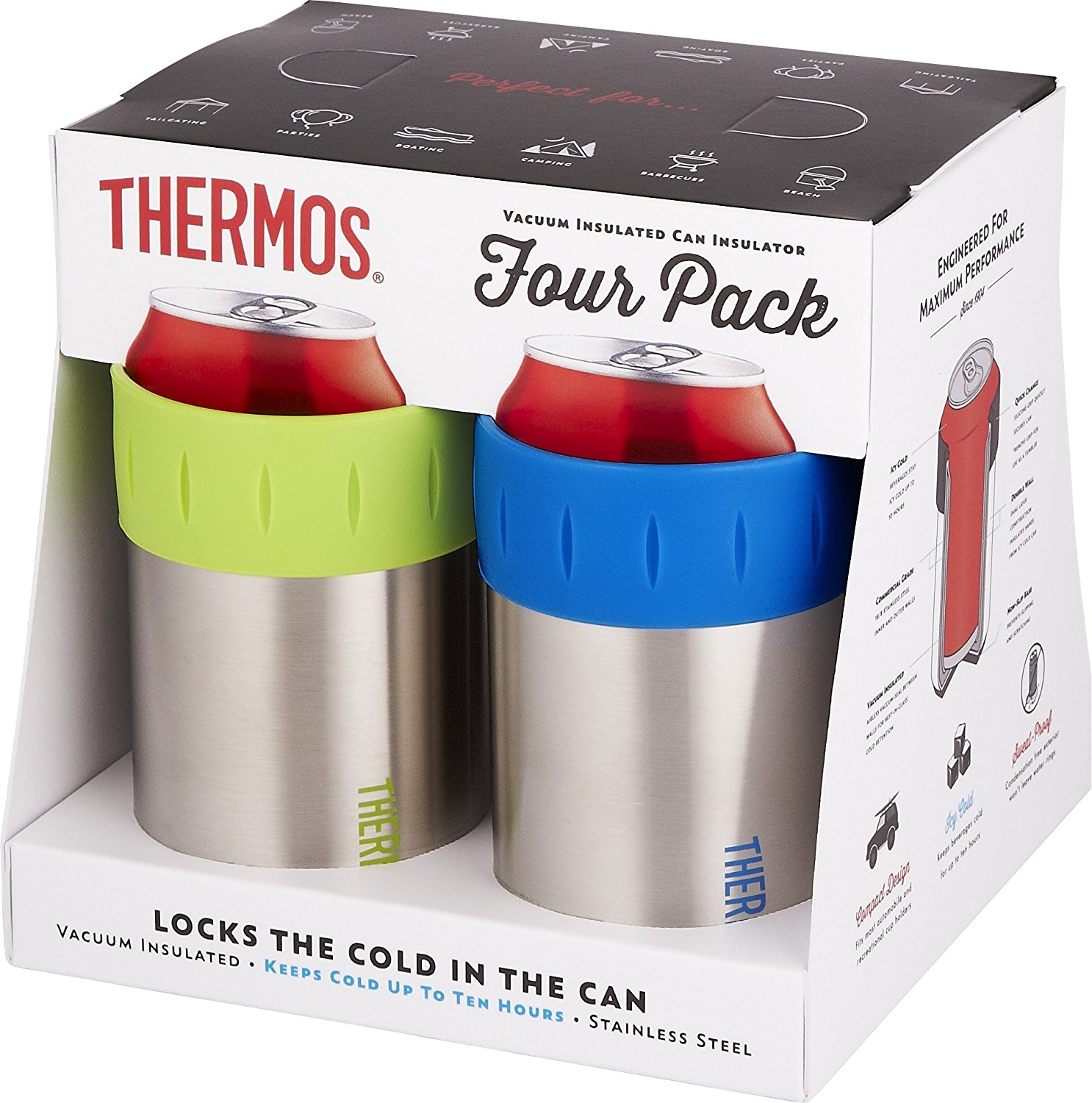 Thermos Stainless Vacuum Insulated 12 oz Can Insulator (Set of 4), Multicolor