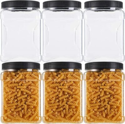 Lawei Square Plastic Jars with Lids - Clear Empty Storage Containers for Food Storage, Plastic Food Jars with Easy Grip Handles for Dry Goods Cookies Rice and More (6 Pack 60 Oz) 