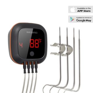 Inkbird IBT-4XS Bluetooth Wireless Digital Cooking BBQ Oven Smoker Candy Grilling Thermometer Timer with Two/Four Probes, 1000mAh Li-Battery and USB Charging Cable (Four Probes)