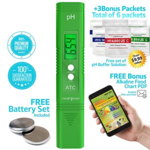Digital pH Meter - Pocket SIZE - pH Pen Tests Household Drinking Water, Aquarium, Swimming Pools, Hydroponics, Water Quality, with ATC, 0-14 pH Measuring Range with 6x pH Buffer Powders. Green