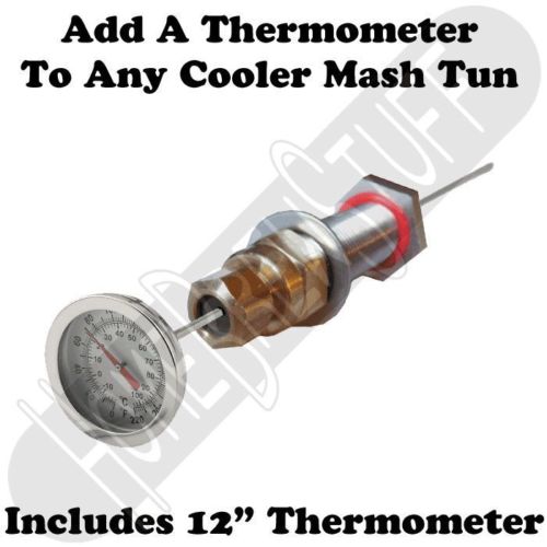 Mash Tun Cooler Bulkhead Adapter & 12" Thermometer Homebrew Home Beer Brewing