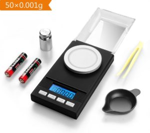 JamBer Digital Milligram Pocket Scales 0.001g x 50g, Electronic Weighing Scales for Jewelry Coins Reload and Kitchen, 6 Mode Mini LCD Pocket Scale with Calibration Weights Tweezers and Weighing Pans