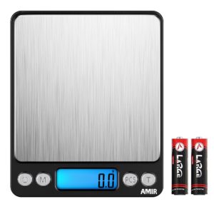 AMIR Digital Kitchen Scale, 3000g 0.01oz/0.1g Pocket Cooking Scale, Mini Food Scale, Pro Jewelry Scale with Back-Lit LCD Display, Tare & PCS Functions, Stainless Steel, Batteries Included (Black)