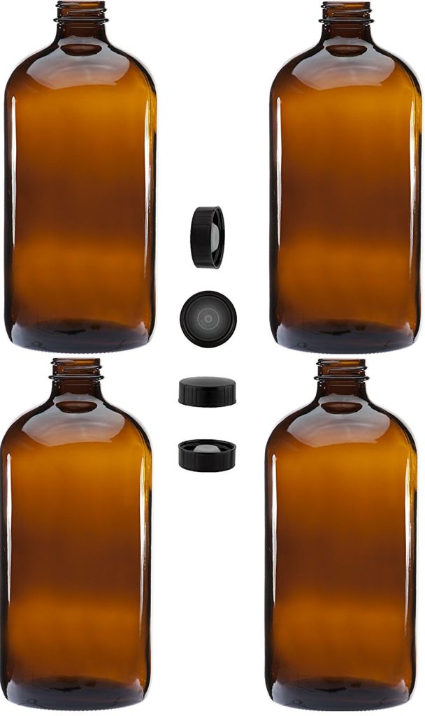 4 Pack - 32oz Boston Round Amber Glass Growler - with Phenolic Poly Cone Insert Caps - Tight Seal for Secondary Kombucha Fermentation