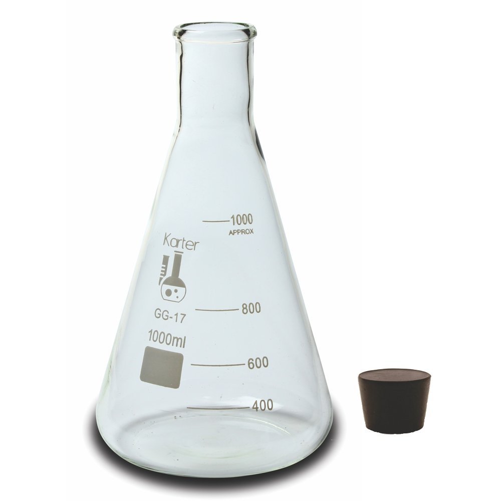 3000ml Narrow Mouth Erlenmeyer Flask with Rubber Stopper, Karter Scientific 213G16 (Single)