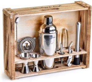 Mixology Bartender Kit: 11-Piece Bar Tool Set with Rustic Wood Stand - Perfect Home Bartending Kit and Cocktail Shaker Set For an Awesome Drink Mixing Experience