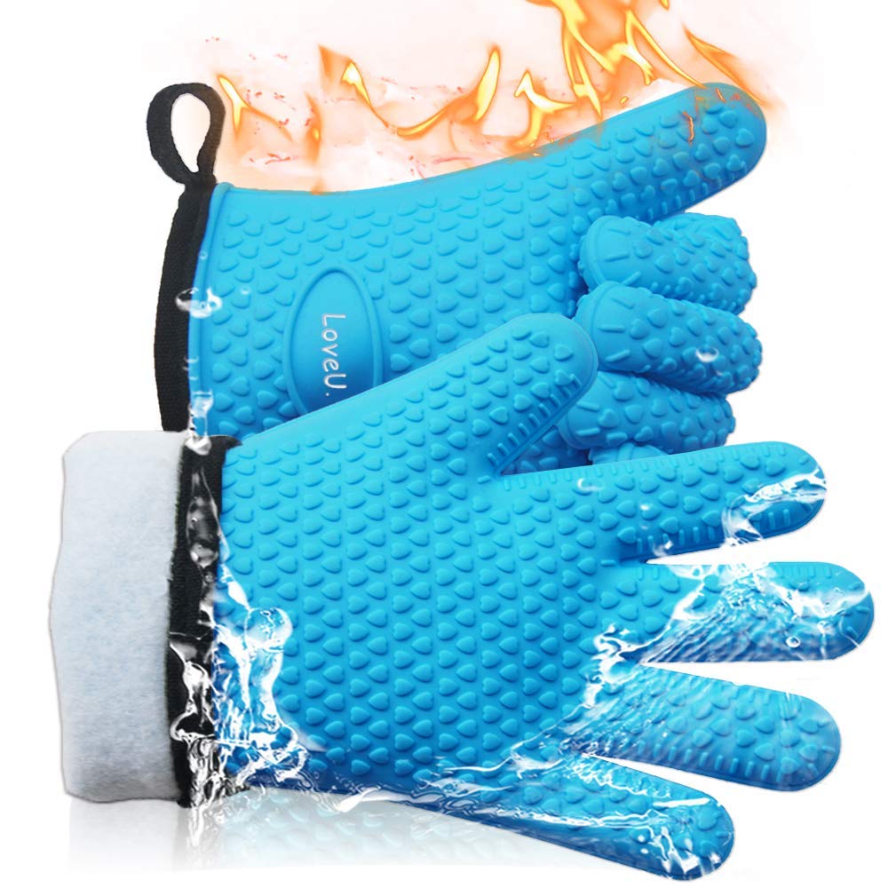 LoveU. Oven Mitts - Silicone and Cotton Double-layer Heat Resistant Gloves / Silicone Gloves / Oven Gloves / BBQ Gloves - Perfect for Baking and Grilling - 1 Pair