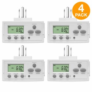 Topgreener Plug In Timer for Electrical Outlets (Programmable, Digital, 3-Prong, Indoor/Outdoor, Heavy Duty, LCD Display, UL Listed, Off White, 4 Pack) - 1800W 120V 15A