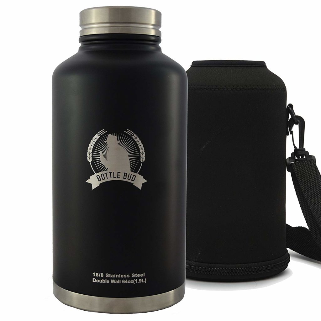 Growler By Bottle Bud - Stainless Steel Growler Water Bottle (64OZ) & Carry Bag, Double Wall Sweatproof Vacuum Insulated, Perfect for Craft Beer, Thirst-Quenching Water on Long Hikes, or Hot Tea