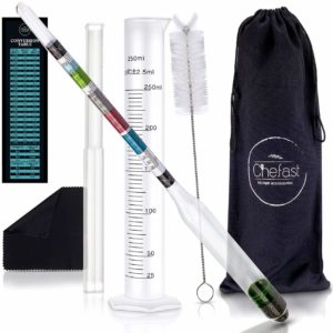 Chefast Hydrometer and Test Jar for Wine, Beer, Mead and Kombucha - Combo Kit of Triple-Scale Hydrometer, 250ml Plastic Cylinder, Cleaning Brush, Cloth and Storage Bag