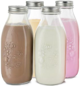 Estilo Dairy Reusable Glass Milk Bottles with Metal Lids (Set of 4), 33.8 oz, Clear