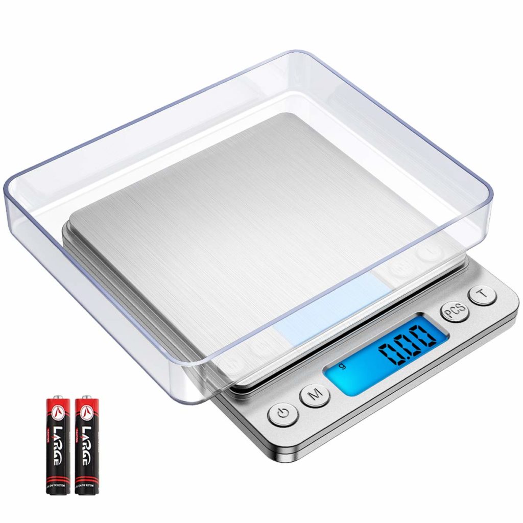 [New Version] AMIR Digital Kitchen Scale, 500g/ 0.01g Mini Pocket Jewelry Scale, Cooking Food Scale, Back-Lit LCD Display, 2 Trays, 6 Units, Auto Off, Tare, PCS, Stainless Steel, Batteries Included