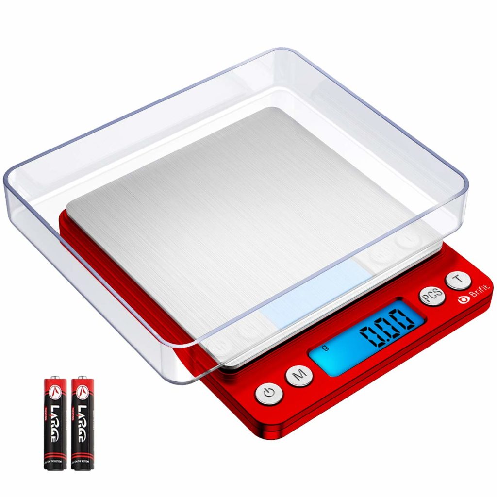 Brifit Digital Kitchen Scale, 500g/ 0.01g Mini Pocket Jewelry Scale, Cooking Food Scale with Back-Lit LCD Display, 2 Trays, 6 Units, Auto Off, Tare, PCS Function, Stainless Steel, Red