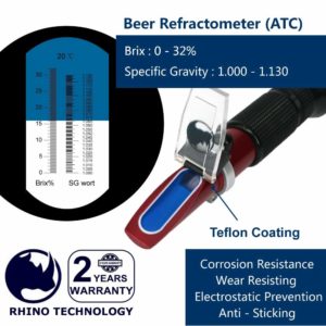 Beer (0-32% Brix & 1.000-1.130 Specific Gravity) Refractometer with ATC, Rhino Handheld Refractometer Give a Portable Holster, Teflon Coating | Fruit Juice Wine Test