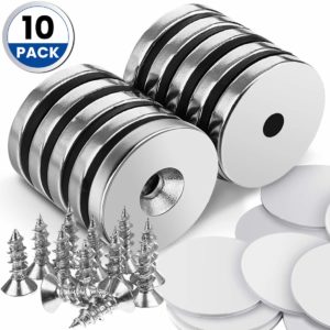 DRILLPRO 10pcs Neodymium Magnets, 1.26"D x 0.2"H Strong Magnet Neodymium Disc for Hanging Artwork, Magnetic Tools, Countersunk Hole Magnet Discs with 12pcs Screws and 10 Sheet Double-Sided Stickers