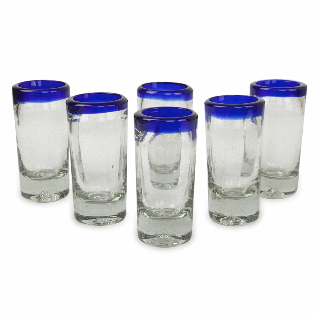 NOVICA Artisan Crafted Hand Blown Clear Blue Rim Recycled Glass Shot Glasses, 2 oz. 'Tequila Blues' (set of 6)