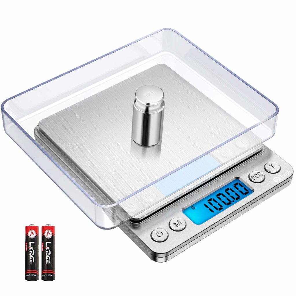 [New] Brifit Digital Kitchen Scale, 500g/ 0.01g Mini Pocket Jewelry Scale, 100g calibration weight, Cooking Food Scale, Back-Lit LCD Display, 2 Trays, 6 Units, Auto Off, Tare, PCS, Stainless Steel