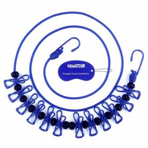 HAWATOUR Portable Travel Elastic Clothesline Adjustable Clothesline with 12pcs Clothespins for Outdoor and Indoor Use (Blue)