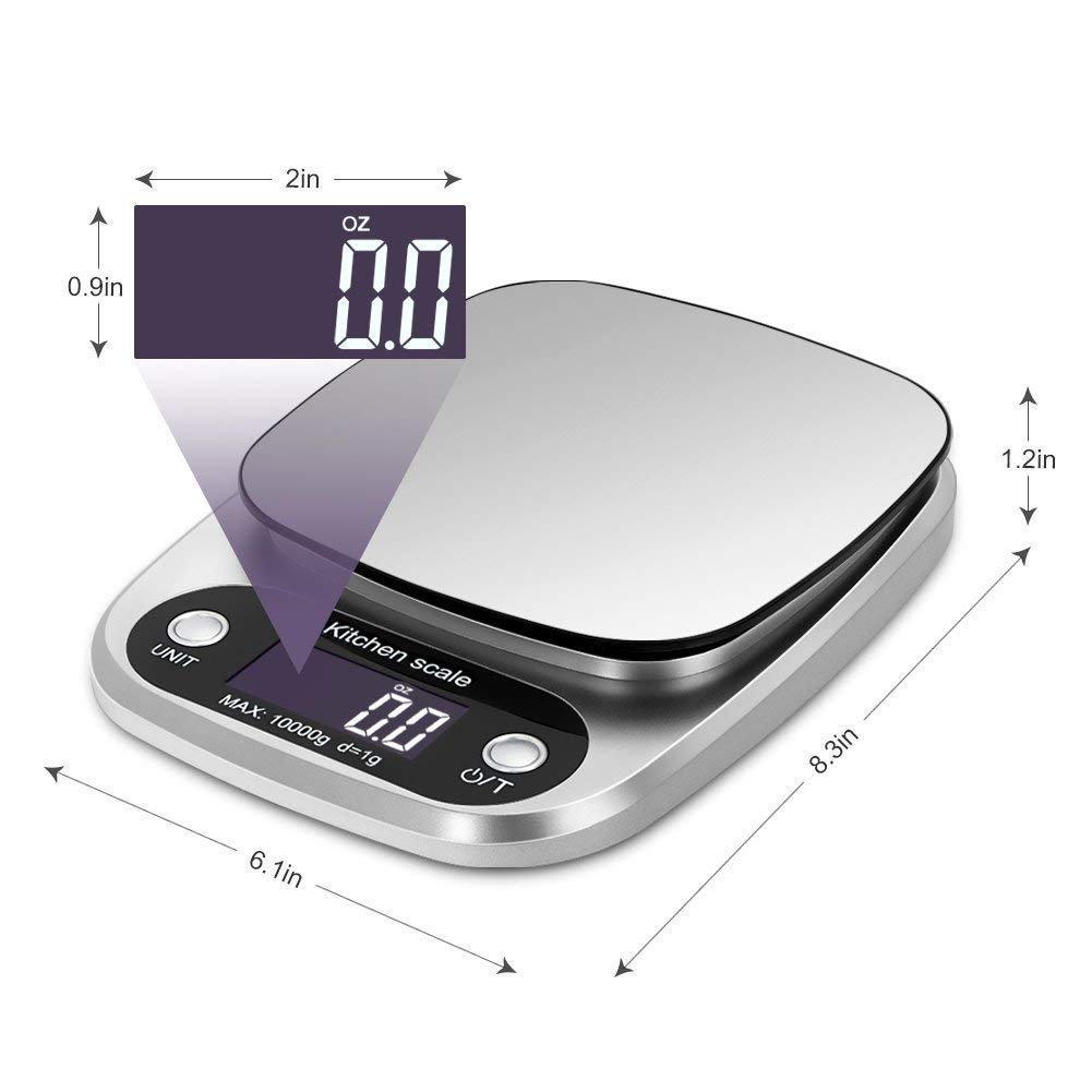 OFFICESU Digital Kitchen Scale Multifunction Food Scale, 22 lb 10 kg, Silver, Stainless Steel (Batteries Included)