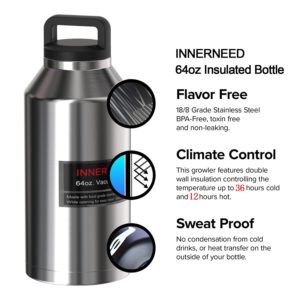 INNERNEED 64 oz Insulated Water Bottle Leak-Proof Stainless Steel Double-Walled Vacuum Flask Large Capacity Beer Growler