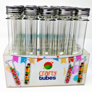 Crafty Tubes 25 Ultra Long Clear PET Plastic Test Tube Tubes Set with Thin Rack Holder, Wire Brush,Caps & 32 Labels|25mm x 178mm (60ml) - Candy, Bath Salt Containers & Craft Storage, Wedding Favours