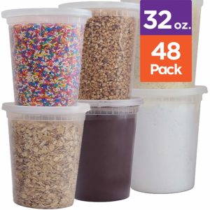 Stack Man [ [48 Pack, 32 oz] Plastic Deli Food Storage Soup Containers With Airtight Lids, Freezer Safe | Meal Prep | Stackable | Leakproof | BPA Free, Clear