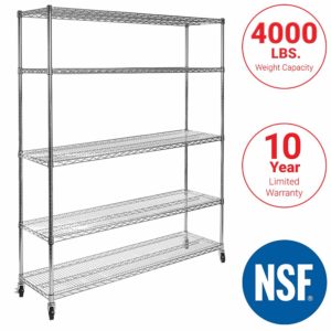 Seville Classics UltraDurable Commercial-Grade 5-Tier NSF-Certified Steel Wire Shelving with Wheels, 60" W x 18" D x 72" H, Chrome