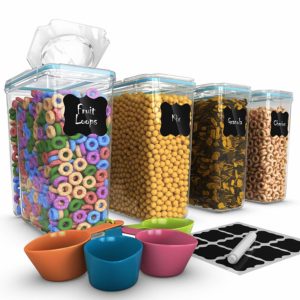 Set of 4 Cereal & Dry Food Storage Container (16.9 Cup/135.2oz) + 4 Measuring Cups Set + FREE Labels & Marker -100% Airtight Lid - BPA-Free Dispenser Keepers for Cereal, Flour, Sugar, Coffee, Rice etc
