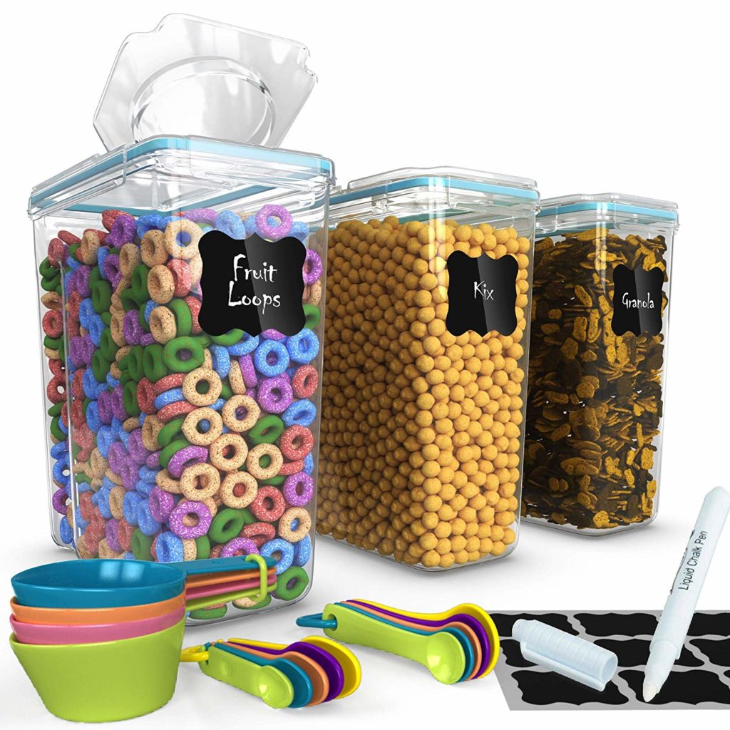Top Quality Cereal Containers 3 Pc (16.9 Cup/135.2oz) + FREE 14 Measuring Cups/Spoons + 18 Chalkboard Labels & Marker - Airtight Dry Food Keepers - Great For Cereal, Flour, Sugar - BPA Free Dispenser