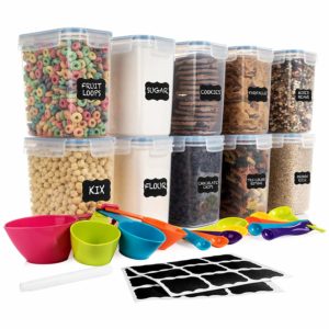 SPACE SAVER Food Storage Airtight Pantry Containers [Set of 10] 1.6L /54oz + 14 Measuring Cup/Spoons + 18 FREE Chalkboard labels & Marker - Ideal for Sugar, Flour, Baking Supplies - Clear Plastic