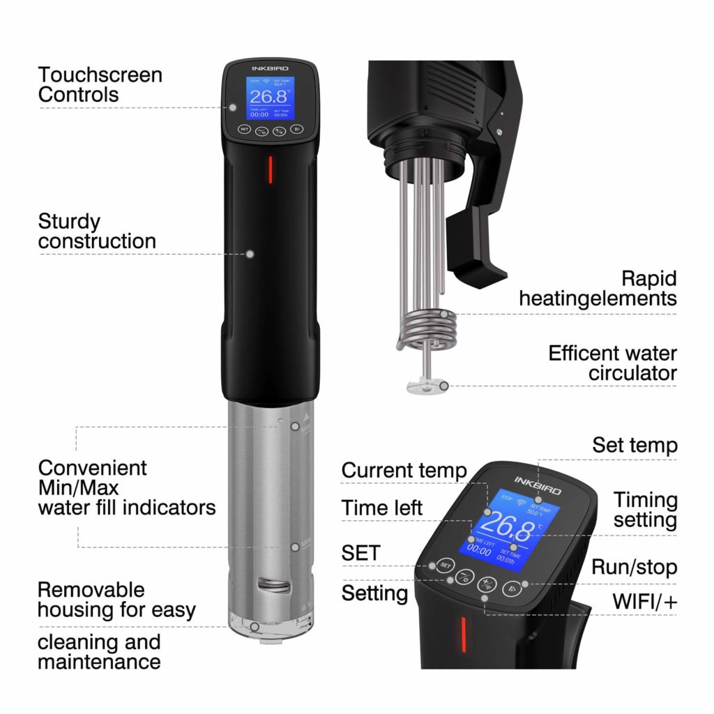 Inkbird WIFI Sous Vide Cookers, 1000 Watts Stainless Steel Thermal Immersion Circulator with Recipe, Digital Interface, Precise Temperature and Timer for Kitchen, Food Slow Cooker