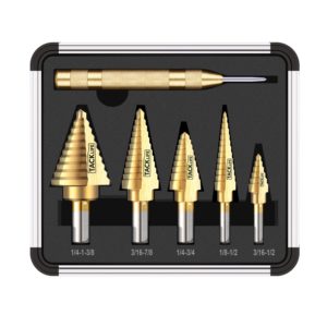 Tacklife PDH06A Classic Titanium Step Drill Bit Set & Automatic Center Punch，High Speed Steel |5-Piece Set| Total 50 Sizes，Double Cutting Blades Design with Aluminum Case