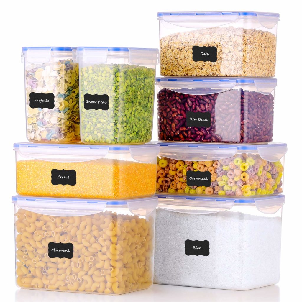 ME.FAN Food Storage Containers [Set of 8] Airtight Storage Keeper with 24 Chalkboard labels Ideal for Cereal, Sugar, Flour, Baking Supplies - BPA Free - Clear Plastic with Blue Lids