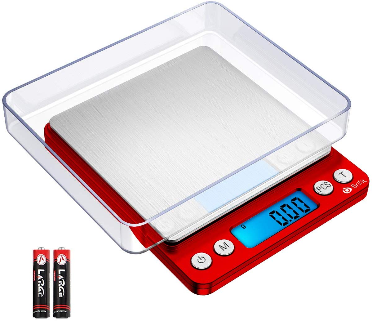 Brifit Upgraded Digital Kitchen Scale, 500g-0.01g Mini Pocket Jewelry Scale, Cooking Food Scale with Back-Lit LCD Display, 2 Trays, 6 Units, Auto Off, Tare, Stainless Steel