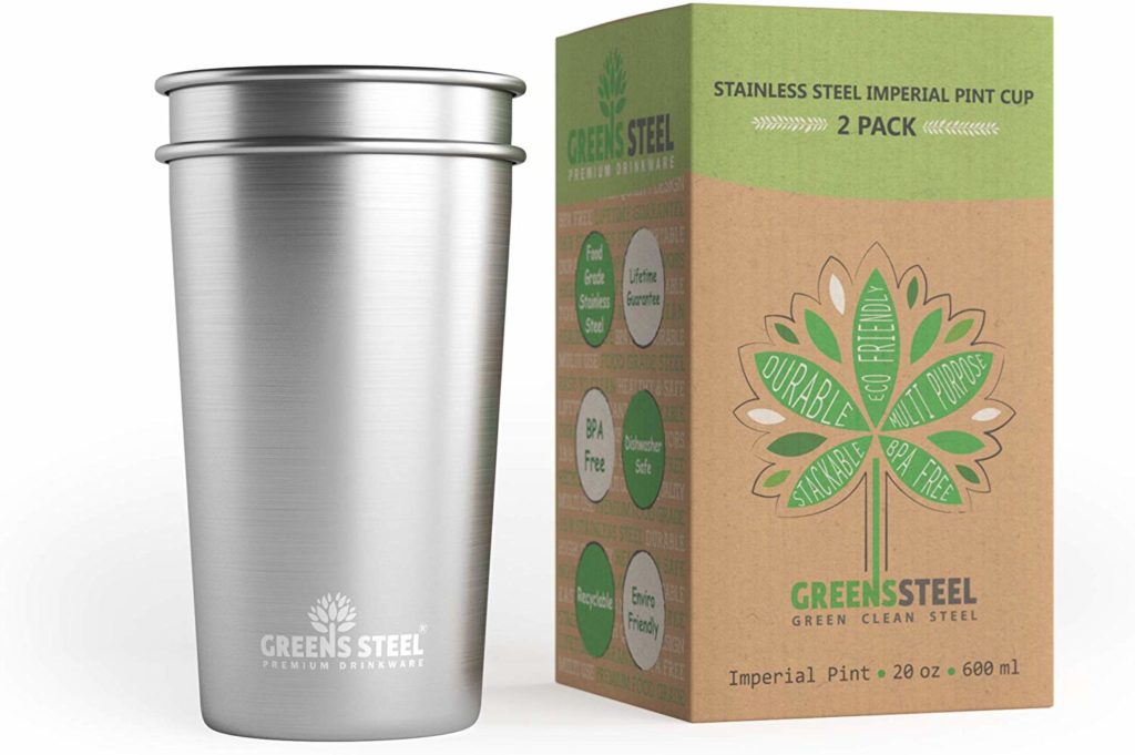 Stainless Steel Cups 20oz Pint Cup Tumbler (2 Pack) By Greens Steel - Premium Metal Cup - Stackable Durable Drinking Glass