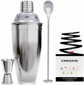 24 Ounce Cocktail Shaker Bar Set with Accessories - Martini Kit with Measuring Jigger and Mixing Spoon plus Drink Recipes Booklet - Professional Stainless Steel Bar Tools - Built-in Bartender Strainer