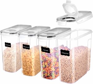 ME.FAN Cereal Storage Containers [Set of 4] Airtight Food Storage Containers 4L(135oz) - Large Kitchen Storage Keeper with 24 Chalkboard Labels - BPA Free, Easy Pouring Lid (Black)