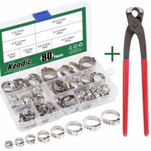 Keadic 80Pcs 1/4"-15/16" 304 Stainless Steel Single Ear Hose Clamps Pex Pinch Clamp Assortment Kit with Ear Clamp Pincer for Securing Pipe Hoses and Automotive Use
